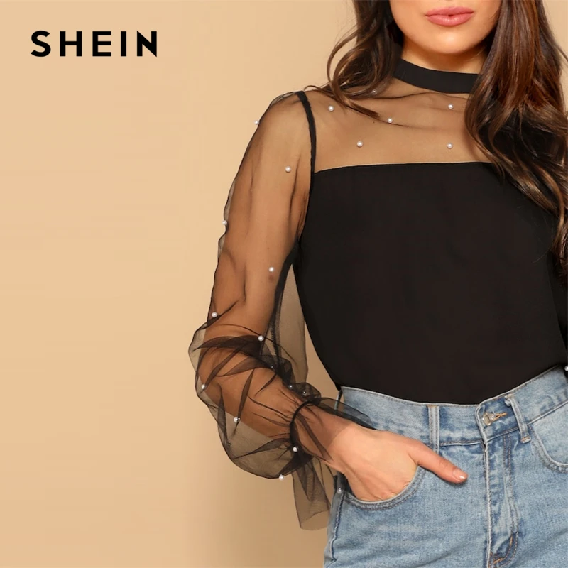 SHEIN Блуза С Сетчатыми Вставками И Бусинами, Женская Летняя Черная Сексуальная Блузка С Длинными Рукавами И Стоячим Воротником