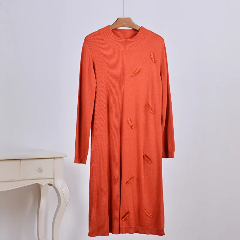 Вязаный шерстяной прямые свободное платье трехмерная перо украшения длинный