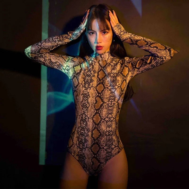 Stage Clothes For Singers One Piece Snake Print Slim Fit High Collar Long Sleeve Top Bodysuit Nightclub Pole Dance Wear DNV10699