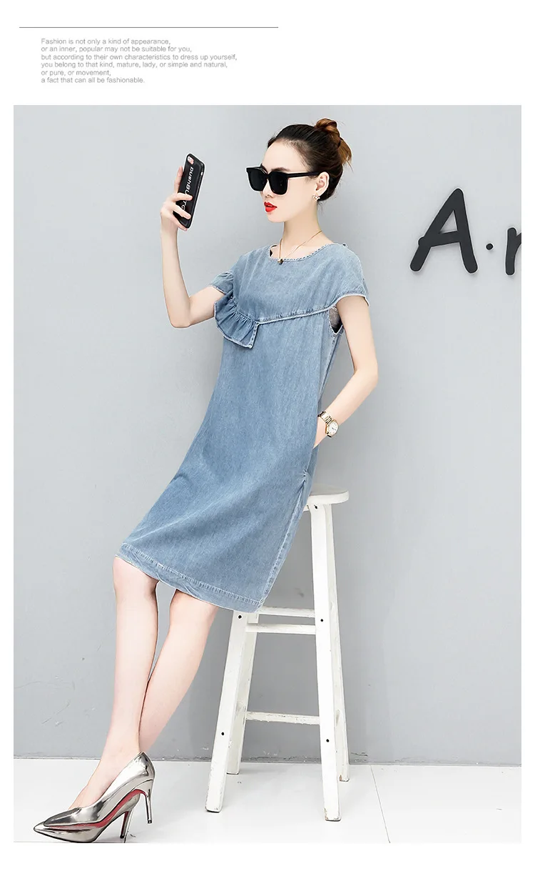 Новые летние женские платья размера плюс, модное повседневное джинсовое платье с круглым вырезом, оборками и бантом на спине для женщин, большое джинсовое цельное платье