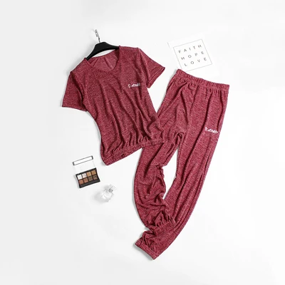 wine red trousers Daeyard/Хлопковая пижама для женщин; однотонная Пижама; летняя футболка с коротким рукавом и шорты; комплект из 2 предметов; однотонная Пижама; домашняя одежда - Цвет: wine red trousers