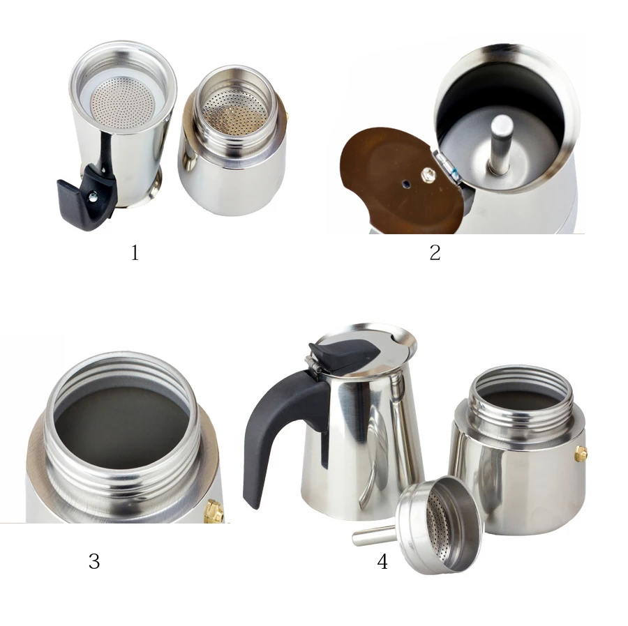 Кофейник из нержавеющей стали Moka, кофейник Mocha, эспрессо, латте, плита, фильтр, кофейники, 100 мл, 200 мл, 300 мл, 400 мл, Перколятор, инструменты