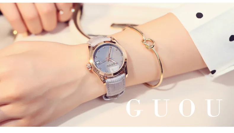 grey GUOU, женские часы, модные, современные, бриллиантовые часы, элегантные, кожа, Авто Дата, женские часы, часы, relojes mujer, relogio feminino - Цвет: grey