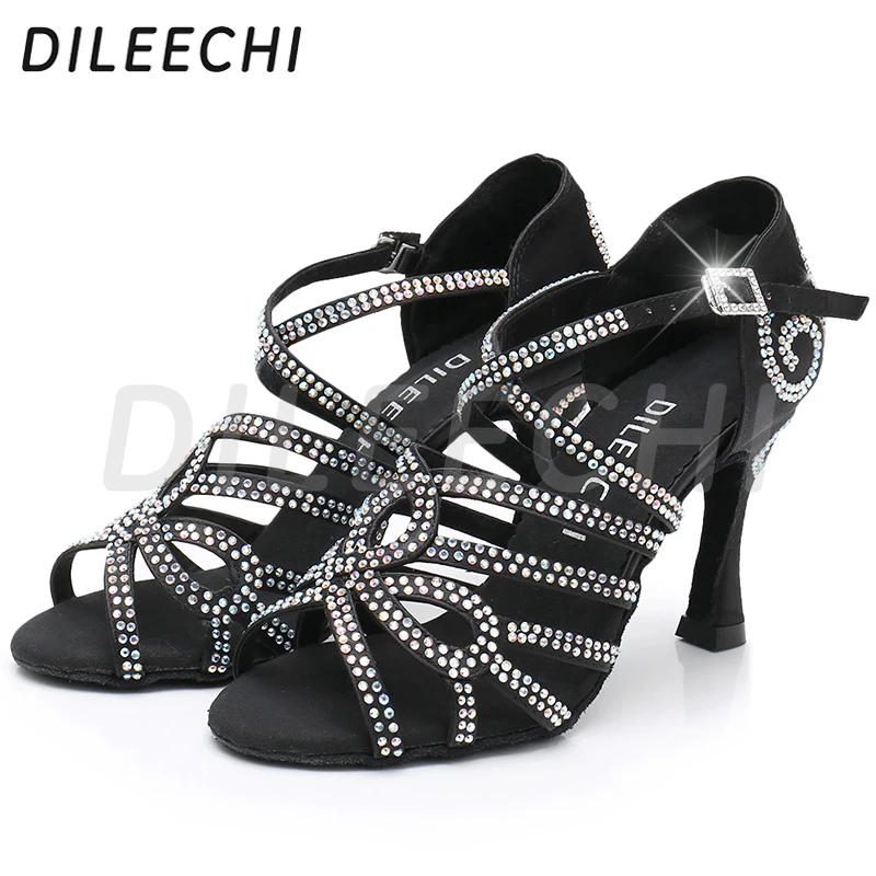 DILEECHI Latin dance shoes double Rhinestone shining Skin Black satin women Ballroom dancing shoes Cuba heel 9cm New Arrival