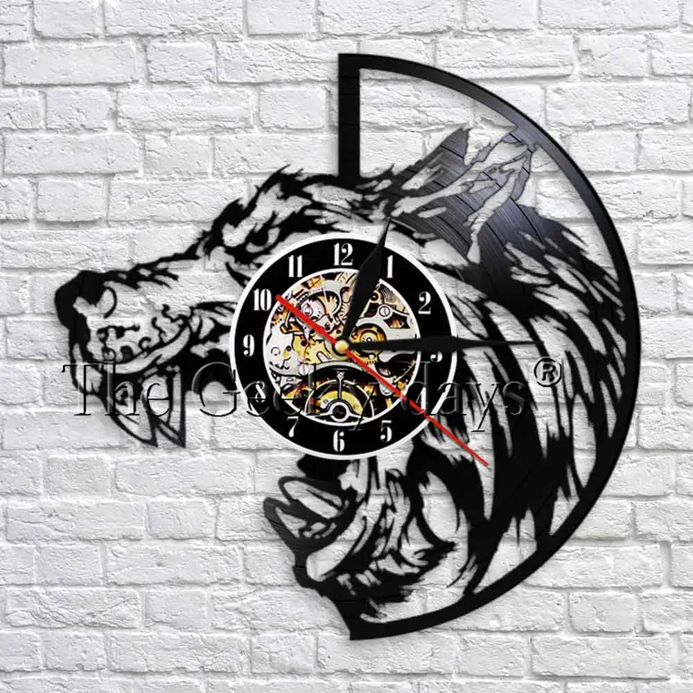 Wolf Wall Art Виниловые часы для записей Волчья портретная голова Волка лазерный Резной декор настенные часы животные волчьи клыки часы с большим ртом