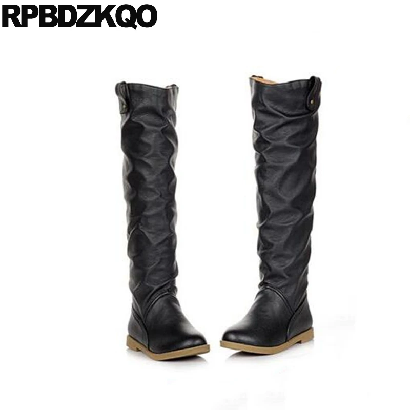 Женские сапоги на плоской подошве красные непромокаемые до колена с круглым