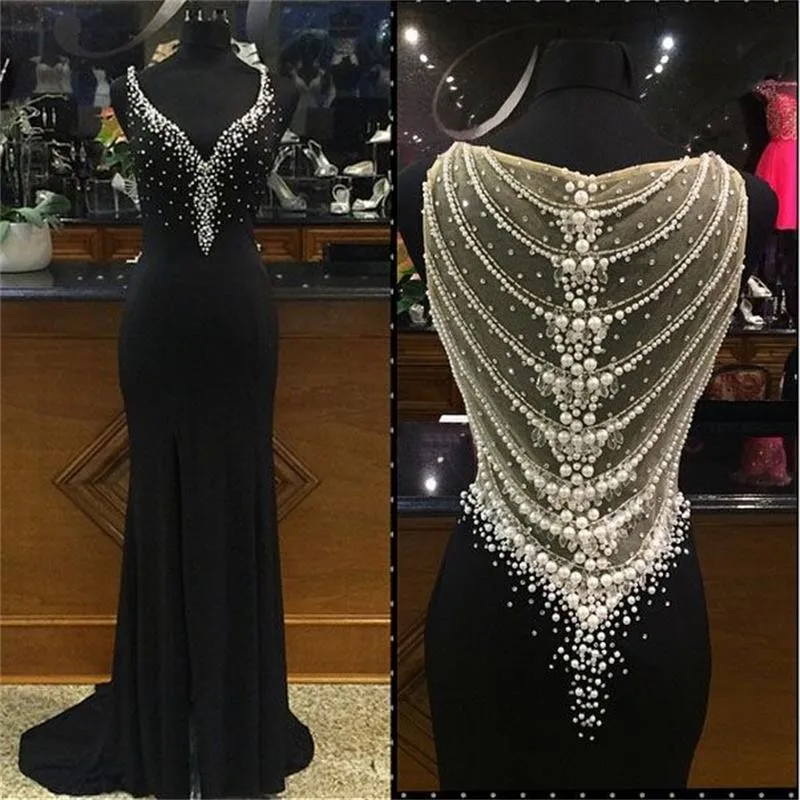 

Sexy Long Prom Dress 2020 Black Mermaid Evening Dress Sexy V Neck Chiffon Beaded Pearls Sheer Back Sparkly Formal Gowns