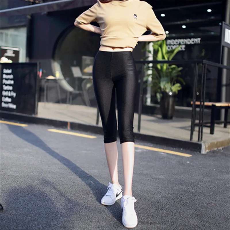 mid-calf pants Женские черные леггинсы из полиэстера, неоновые леггинсы из спандекса, Женские Эластичные Обтягивающие леггинсы из спандекса с высокой талией - Цвет: mid-calf pants