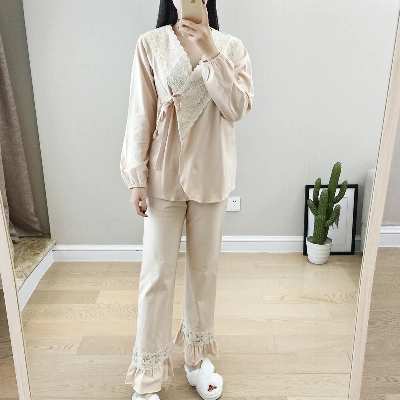 Пижамы для беременных корейский 2018 Осенние новые продукты хлопок V-образная