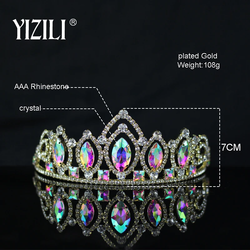 YIZILI новые европейские Роскошные Большие AB кристаллами Свадебные queen Корона круглые золотые Цвет тиары из страз и короны женские аксессуары для волос C040