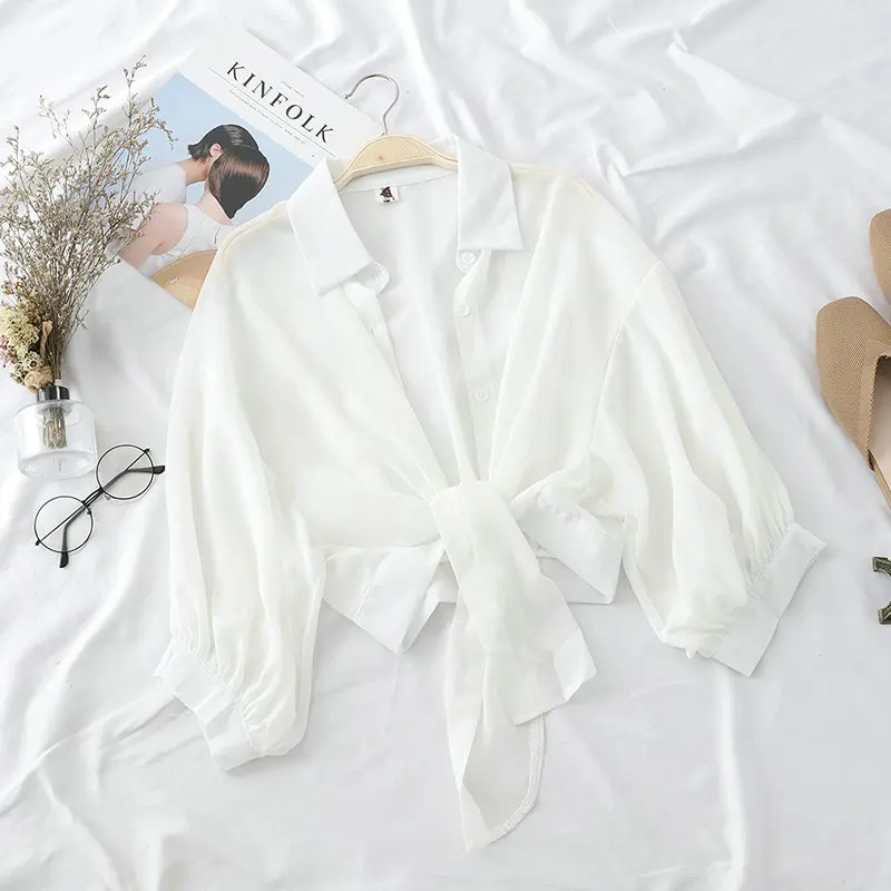 Women Blouse Shirt HISUMA женская летняя шифоновая рубашка с рукавом-фонариком спереди, на завязках, винтажный сексуальный короткий эластичный тонкий кардиган, блуза на пуговицах, топы - Цвет: Women Blouse Shirt