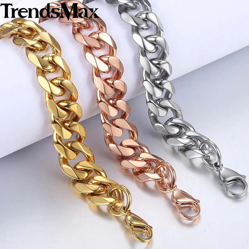 Trendsmax, мужские браслеты, браслет из нержавеющей стали, золото, серебро, розовое золото, Снаряженная кубинская цепочка, браслет, мужские ювелирные изделия 14 мм KBM25