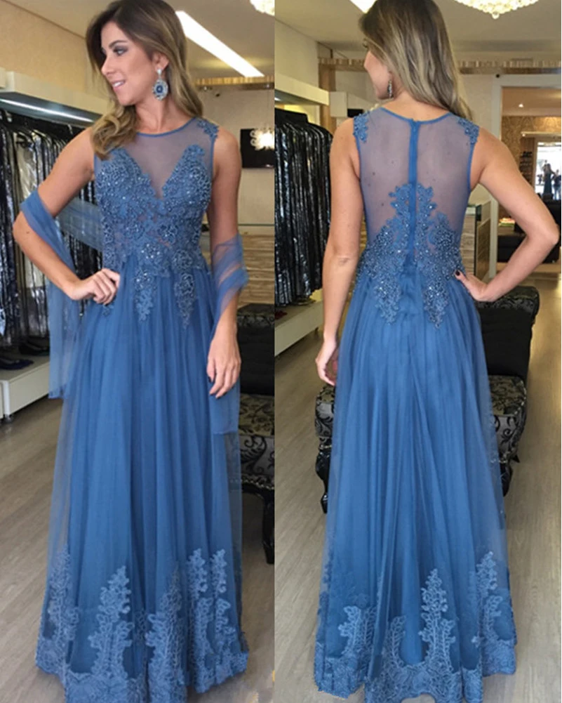 

Fashion Blue Sheer Beaded Appliques Prom Dress Long Abendkleider 2017 A-Line Formal Dresses Robe De Soiree Longue Evening Gown