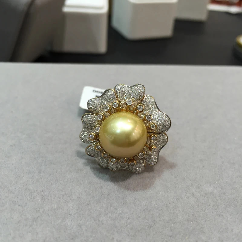 12.5-13MM natural gold pearl ring 18K with diamond flower big southsea jewelry cocktail free shipping | Украшения и аксессуары