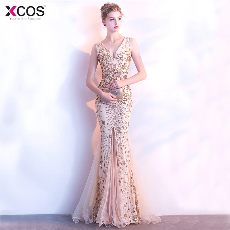 Романтические Длинные вечерние платья русалки 2018 V образным вырезом золотое с
