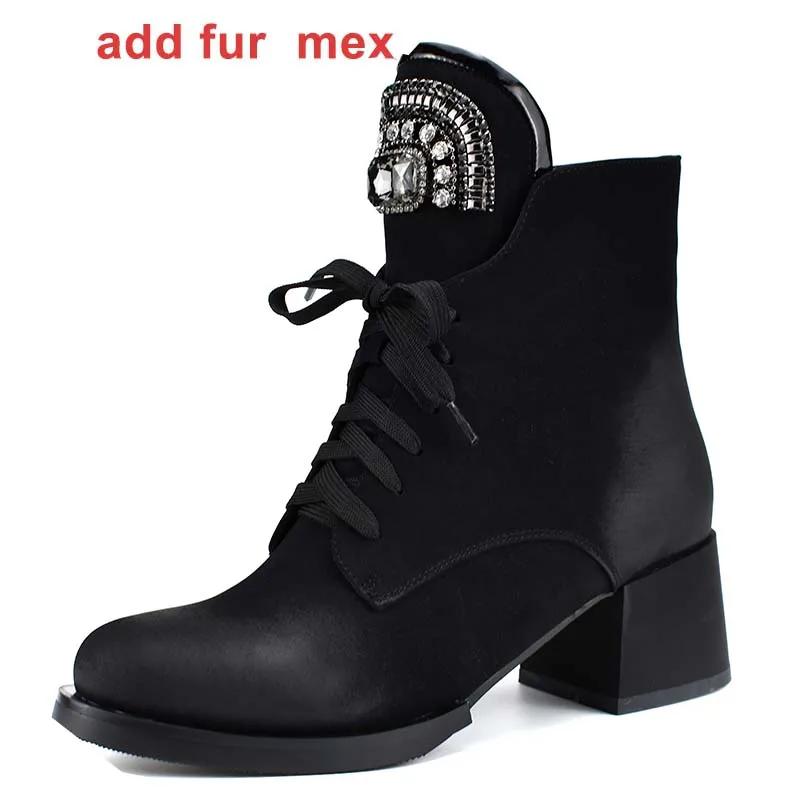black fur liner WETKISS/теплые зимние ботинки ботильоны с украшениями в виде кристаллов, на шнуровке, женские ботинки на платформе; не сужающийся к низу каблук плюшевая обувь для женщин сапоги - Цвет: black fur liner