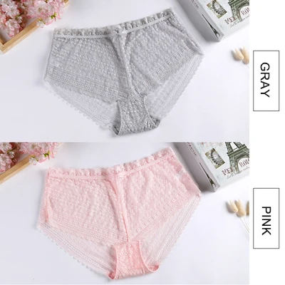 Gray Pink Кружевные трусики размера плюс, сексуальное женское нижнее белье с бантиком, прозрачные трусики с высокой талией, нижнее белье большого размера - Цвет: Gray Pink