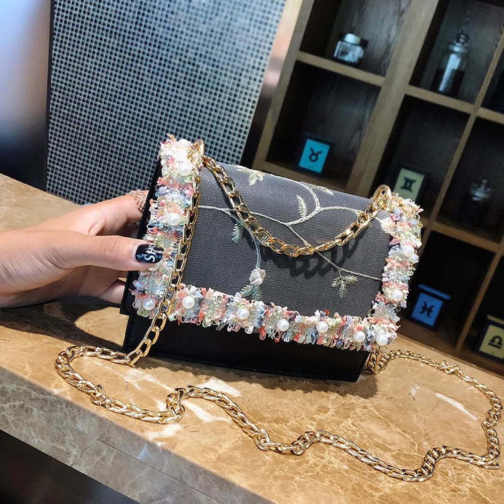 Женские сумки через плечо с жемчужинами и кружевом на весну лето 2019|Сумки