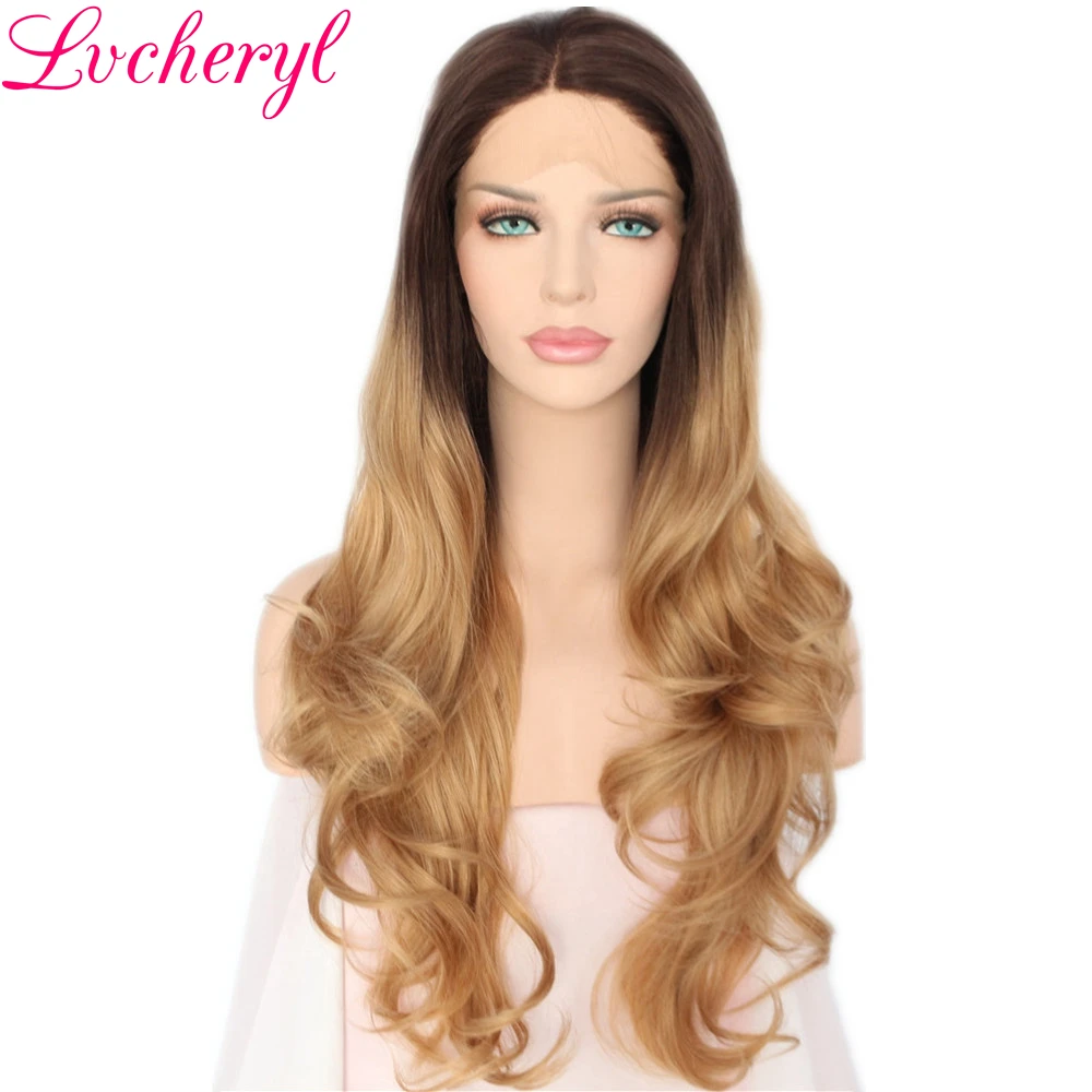 

Lvcheryl Dark Roots Ombre Blonde Long Wavy Lace Front Wig Glueless Synthetic Heat Resistant Fiber Natural Fully Hair Women Wigs