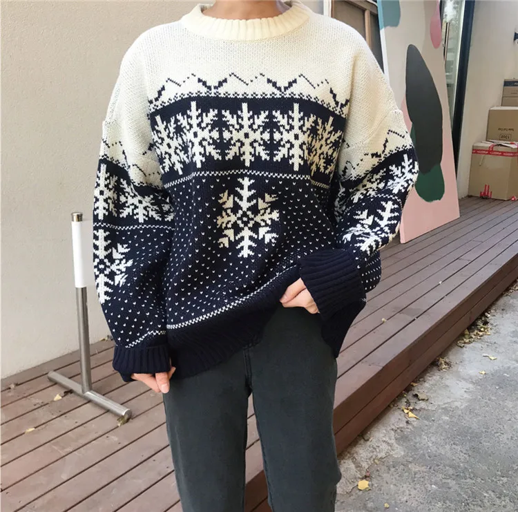Женский винтажный свитер с принтом снежинки вязаный джемпер длинным рукавом