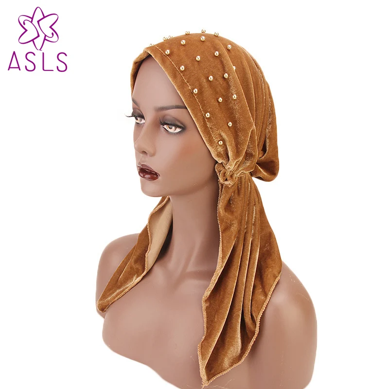 Модные женские туфли Lady beaded бархат платок химиотерапия шляпа тюрбан платок шарфы с готовым узелком Галстуки Головные Уборы Бандана Tichel рака плат