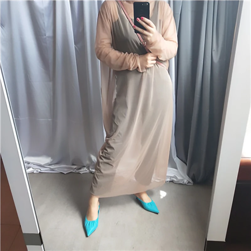 [EAM] New Autumn Winter High Collar Long Sleeve Black Mesh Perspective Colorful Long Big Size Dress Women Fashion JU790