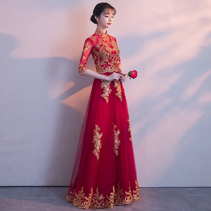 Красное традиционное китайское свадебное платье Cheongsam длинное Qipao свадебное традиционное Классическое женское платье восточные платья Vestido Novia