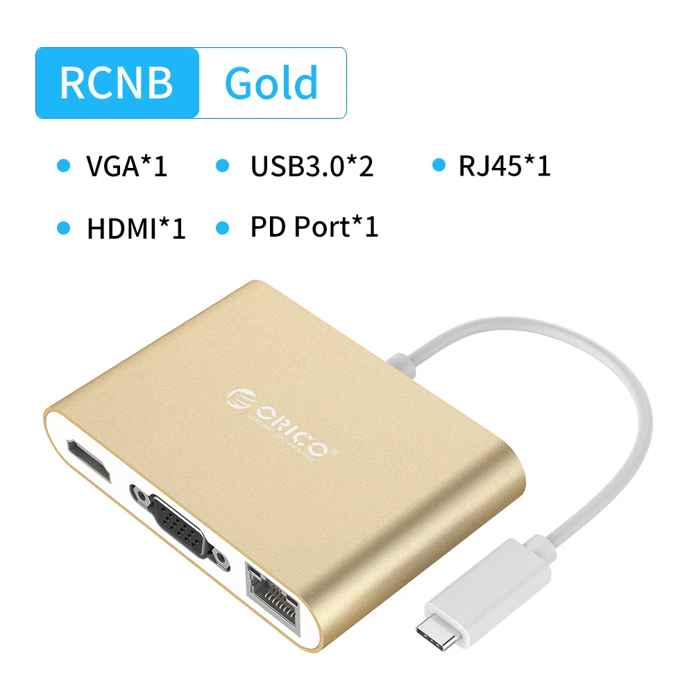 ORICO USB C концентратор тип-c к мульти USB3.0 HDMI/VGA/RJ45/SD TF кардридер разветвитель PD зарядный адаптер док-станция для ноутбука Macbook Pro - Цвет: RCNB Gold