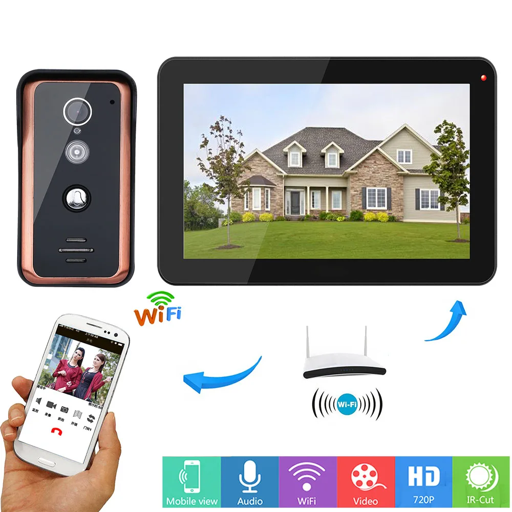 

9 inch Wireless Wifi IP 720P home Video Door Phone Doorbell Intercom Entry System with Wired IR-CUT HD 1000TVL Camera