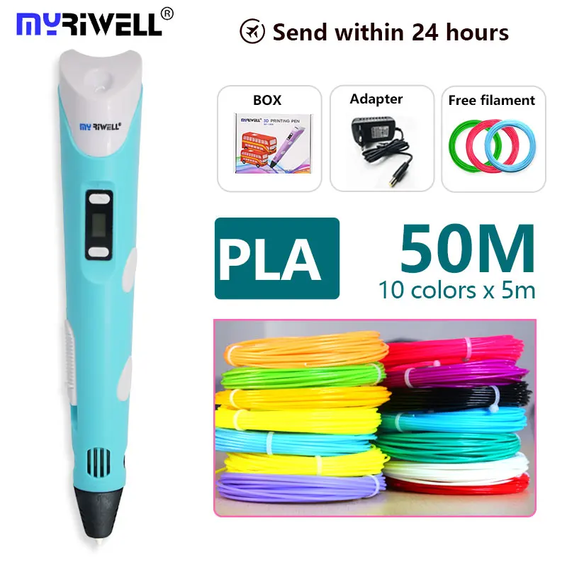 blue PLA 10color Myriwell 3d Ручка+ 1,75 мм PLA нить 3d Ручка для печати с светодиодный/ЖК-экран 3 D ручка подарок для детей Лучший подарок на день рождения - Цвет: blue PLA 10color