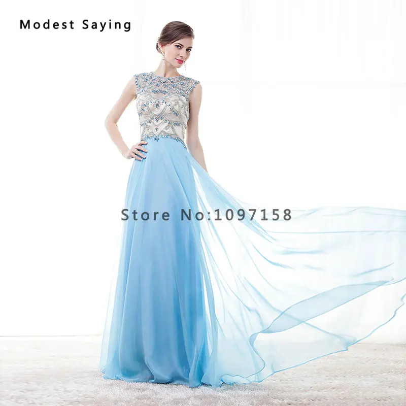 Женское прозрачное вечернее платье роскошное синее трапеция с круглым вырезом и
