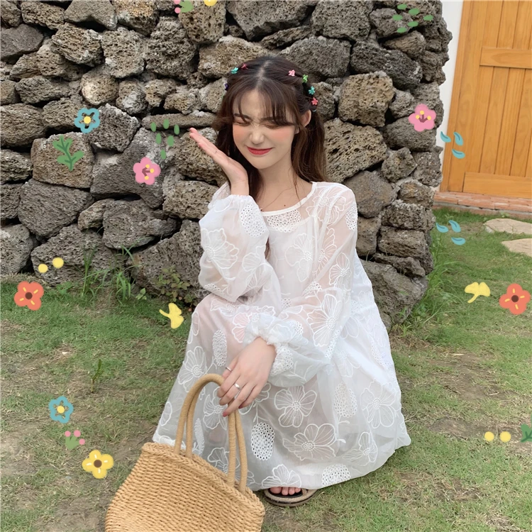 Женское ажурное свободное платье с вышивкой Ins Kawaii Ulzzang Женская милая панк-одежда