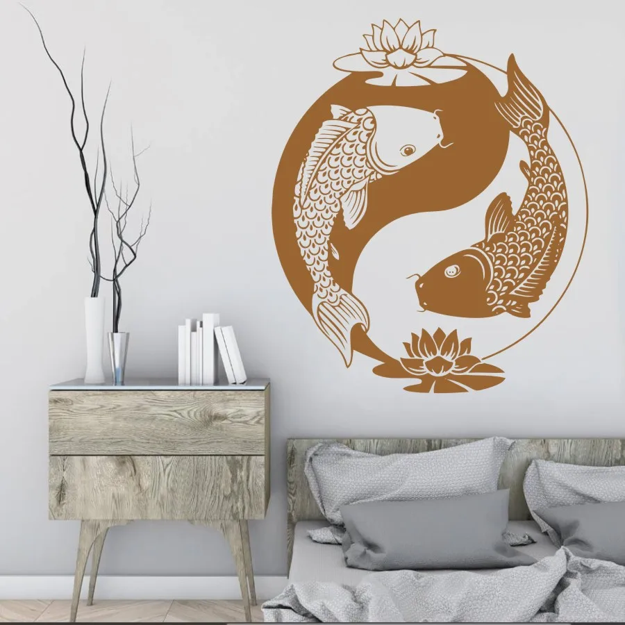 Tai Chi узор Золотая рыбка виниловые настенные украшения дзен Восточный дизайн Наклейка на стену домашний фитнес-зал Декор китайская рыба наклейки AZ561