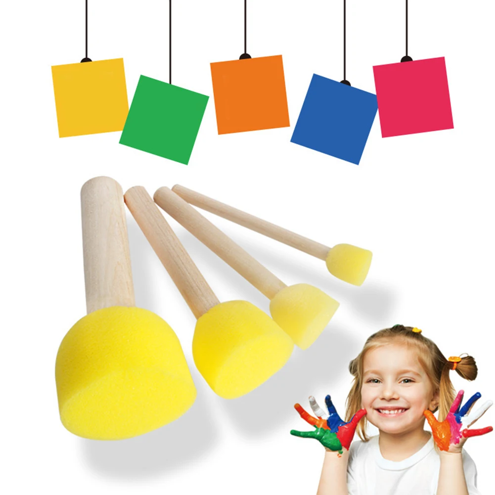 

4 Pcs Graffiti Drawing Round Toys Gift For Children Paint Brush Painting Sponge Wood Handles