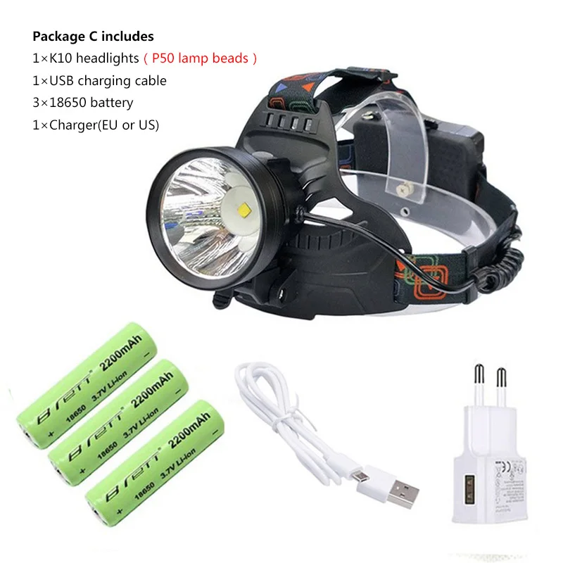 K10 Package C Светодиодный налобный фонарь Cree xhp50 или T20, светильник с 18650 аккумулятором, зарядка через USB, уличный охотничий пещерный водонепроницаемый велосипедный светодиодный налобный светильник - Испускаемый цвет: K10 Package C