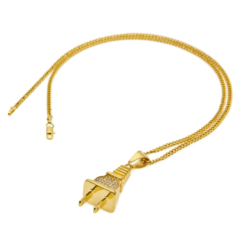 

THE BLING KING Bling Iced Out Plug Necklace Gold Color Stainless Steel Hiphop Pendant Necklace Men Jewelry Cuban Link Necklace