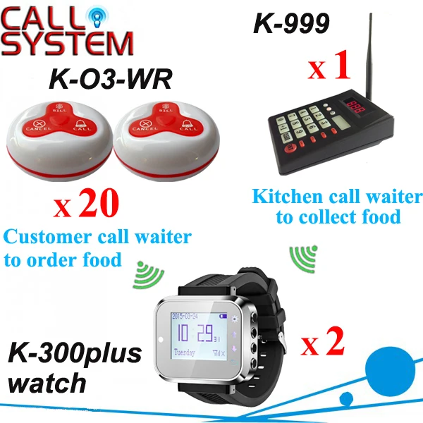 

433mhz Wireless Pager Caller Service 1 kicthen transmitter 2 waitress watches 20 bell button free DHL shipping