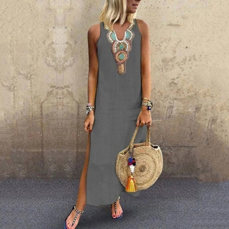 Повседневное женское платье без рукавов с v-образным вырезом однотонное
