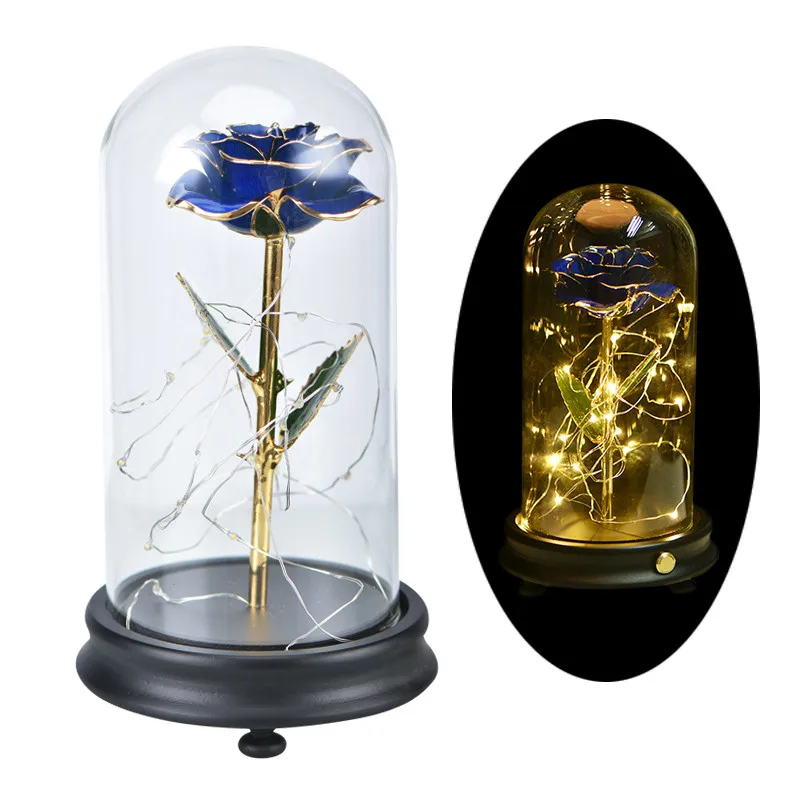 Blue Rose Красота и чудовище 24K Золотая Роза светодиодный светильник Искусственные цветы стеклянный купол Свадебные украшения подарок для женщин - Цвет: Blue Rose