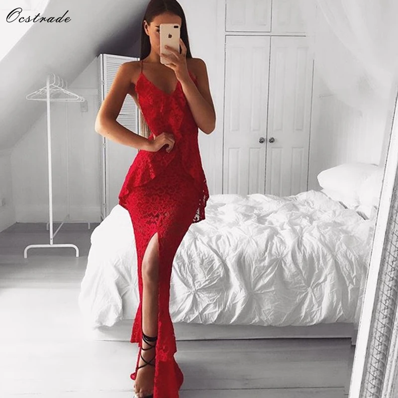 Ocstrade Runway Dress 2019 New Elegant Sexy White Sleeveless Wavy Front Slit Bodycon Long Lace Maxi Party | Женская одежда