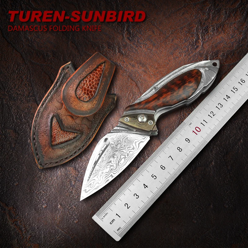 TUREN-Дамасская сталь мини складной карманный нож Snakewood ручка выживания Охота EDC с ручной резной кожаный чехол/кобура