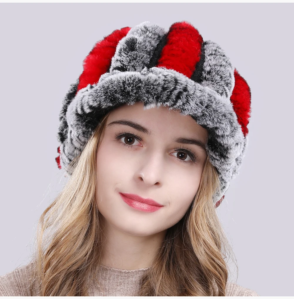 Новинка, настоящий мех кролика, женская зимняя шапка, натуральный настоящий мех кролика, шапка для женщин, вязаная, теплая, натуральный мех, шапки