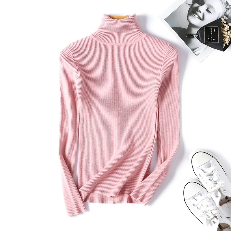 High Collar Sweater Female 2019 New Women's Knitted Long Sleeves Slim Bottoming Shirt Solid Color Pullover Sweaters Pink | Женская