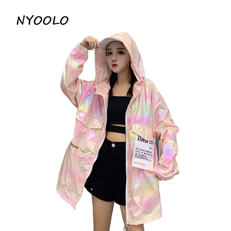 NYOOLO Harajuku Стильное яркое тонкое солнцезащитное пальто летняя уличная куртка с большим карманом и длинным рукавом на молнии с капюшоном женская верхняя одежда - Цвет: Розовый