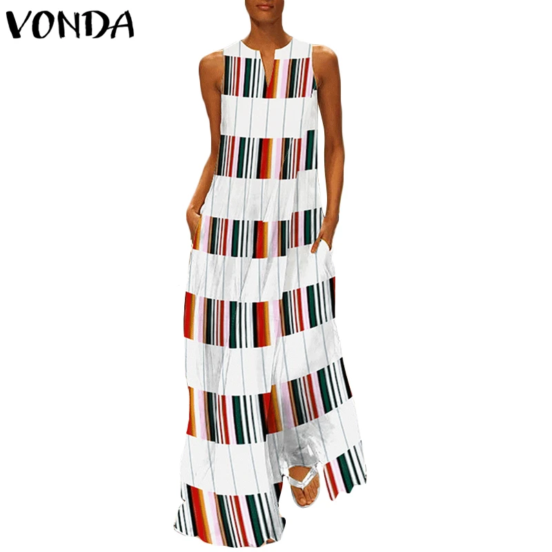 VONDA, женское Полосатое клетчатое платье,, сексуальное, без рукавов, из кусков, v-образный вырез, макси, длинное платье, праздничное, повседневное, свободное, Vestidos размера плюс - Цвет: Floral