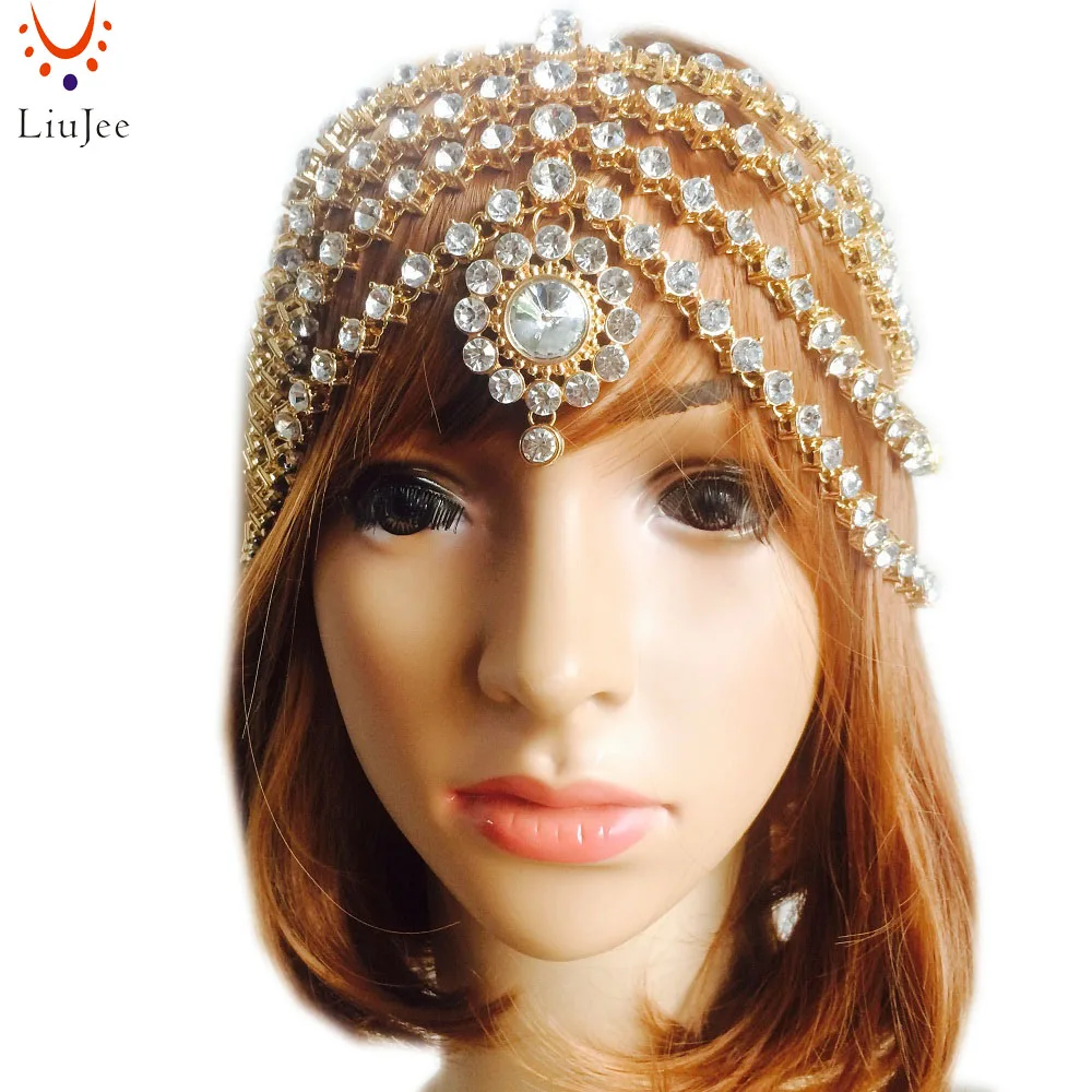 Liujee KD128 роскошный полный kundan каменная голова цепочки украшения для волос