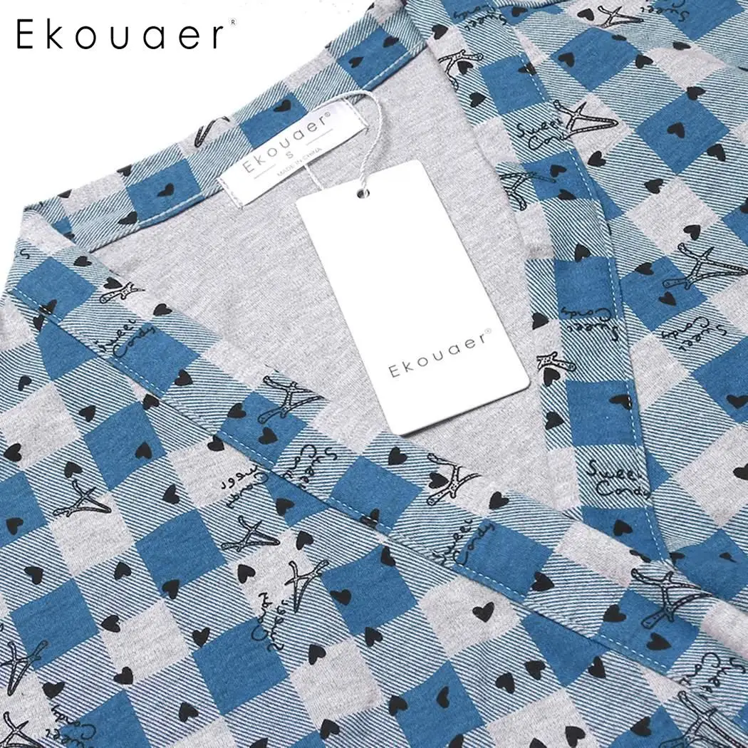 Ekouaer 100% хлопковый Халат женский халат ночная рубашка в клетку с длинным рукавом