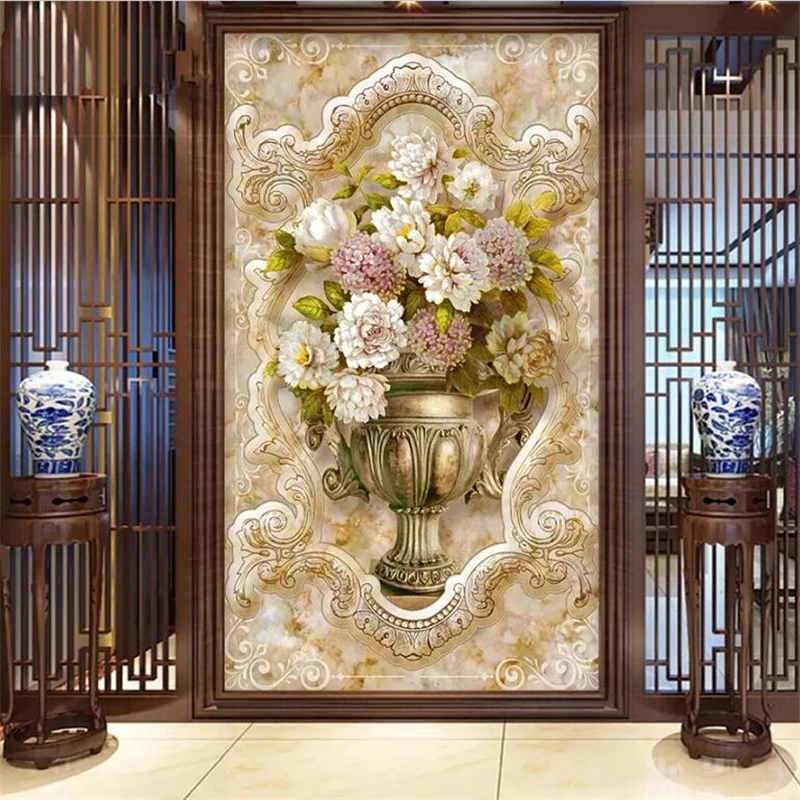 

beibehang Custom mural 3d photo wallpaper European pattern marble oil painting vase embossed entrance wallpaper papel de parede