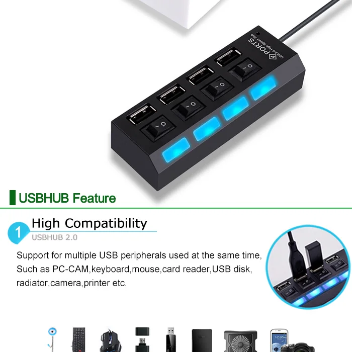 BinFul высокое качество переключатель включения/выключения мини 7 портов USB 2,0 высокоскоростной концентратор Черный для ноутбука для ПК черный эргономичный дизайн