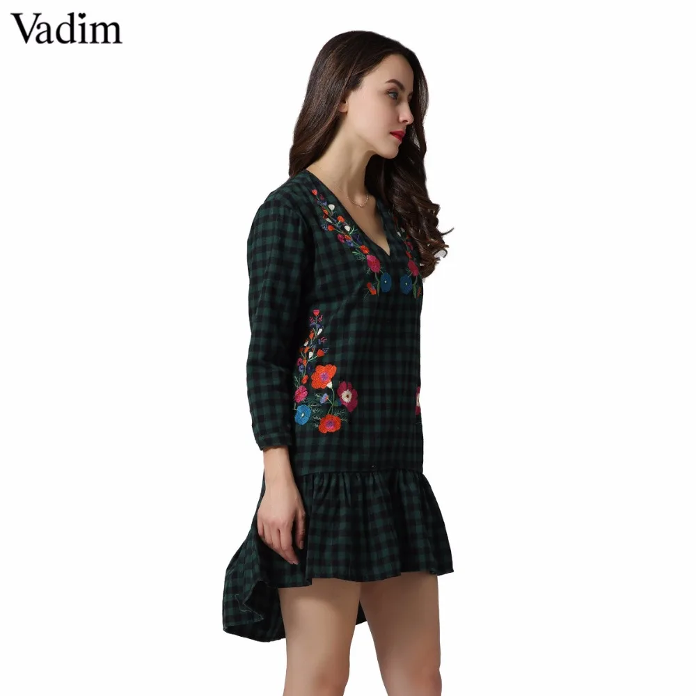 Vadim V neck ruffled floral embroidery plaid dresses flower pattern vintage chic casual loose mini vestidos mujer QZ3232 | Женская